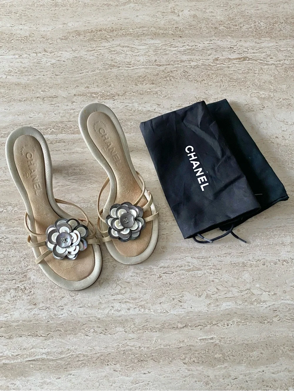 Vintage Chanel Pearl Shell Camellia Sandal Heels